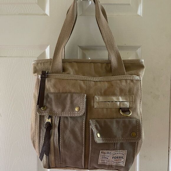 Fossil long live vintage khaki & Brown canvas shoulder bag antique tone hardware - Picture 1 of 14
